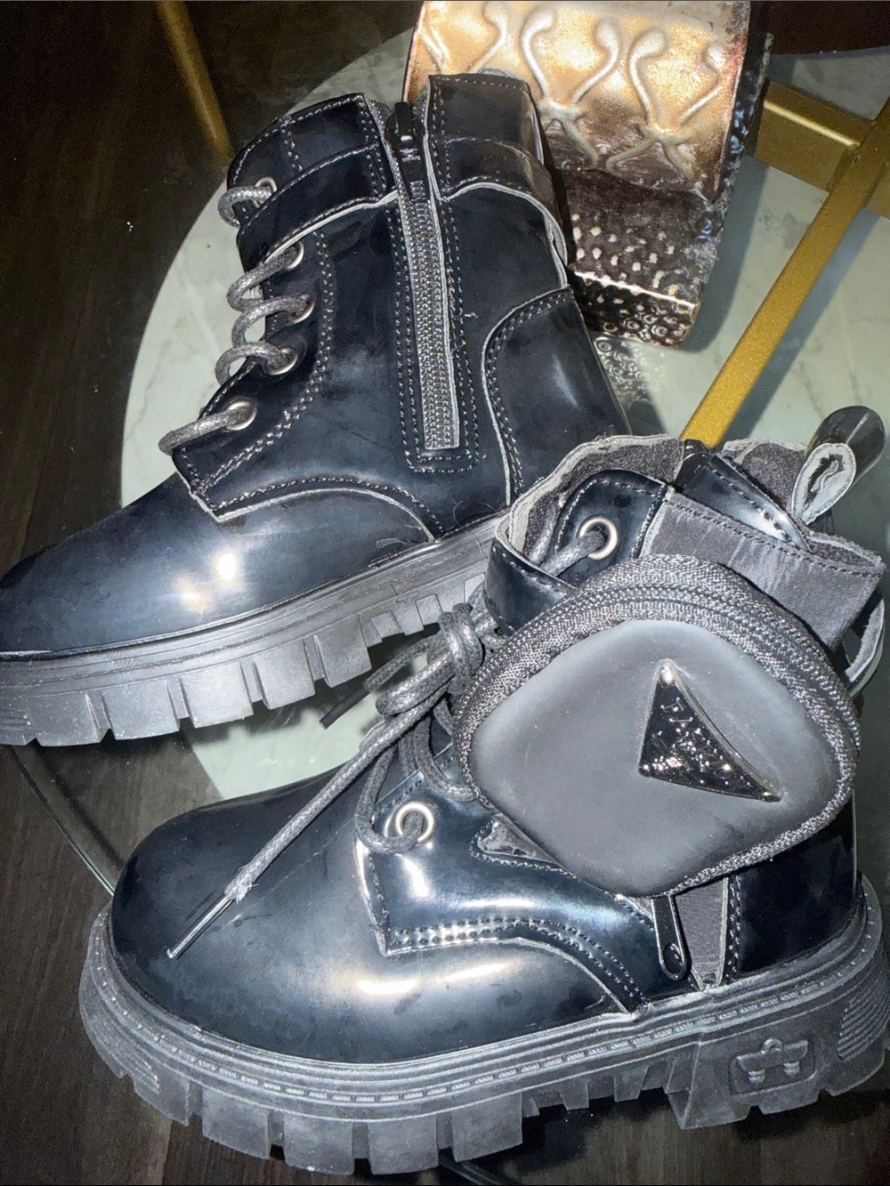 Kids Black Lace-Up Combat Boots with Side Zipper